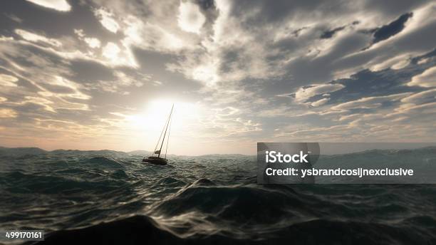 Lost Sailing Boat In Wild Stormy Ocean Cloudy Sky Stock Photo - Download Image Now