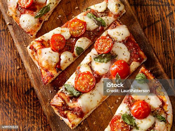 Margherita Flat Bread Pizza Stock Photo - Download Image Now - Pizza, Flatbread, Pizza Margherita