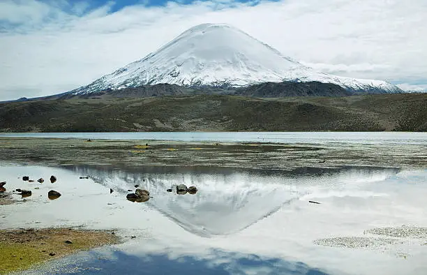 Photo of Snow capped high mountains reflected in Lake Chungara