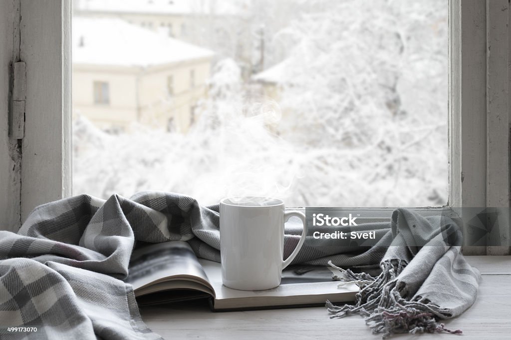 Cozy winter still life Cozy winter still life: mug of hot tea and opened book with warm plaid on vintage windowsill against snow landscape from outside. Winter Stock Photo