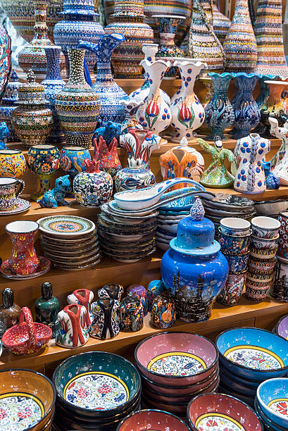 istock Handmade Traditional Iznik Style Pottery Bowls in Egyptian Bazaar 499174670