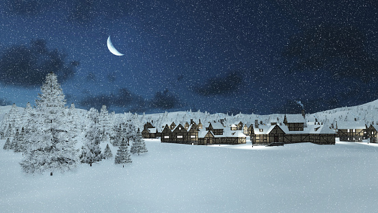 Dreamlike winter scene. Snowbound traditional european township and snowy firs at snowfall night with a half moon in the sky. Decorative 3D illustration.