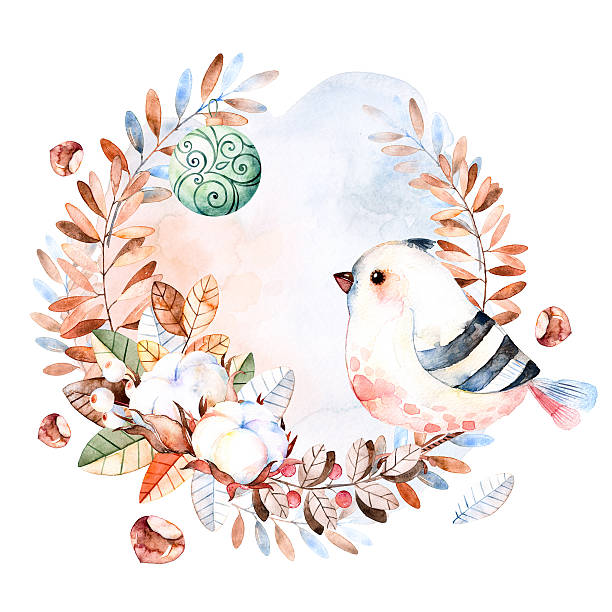 사전 생산 크리스마스 card.winter 화관 - chestnut tree leaf tree white background stock illustrations