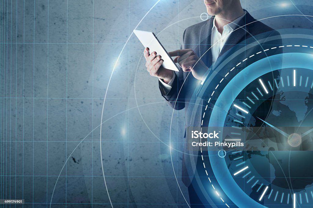 Businessman with tablet computer and digital interface Adult Stock Photo