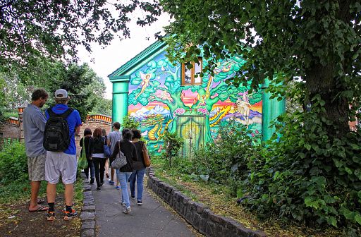Copenhagen, Denmark - July 28, 2012: Christiania, also known as Freetown Christiania is a self-proclaimed autonomous neighbourhood, covering 34 hectares in the borough of Christianshavn in Copenhagen