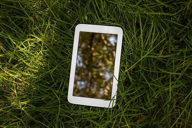 High angle view of digital tablet on meadows. A white digital tablet on the meadows. Horizontal composition. Image taken outdors and developed from Raw.