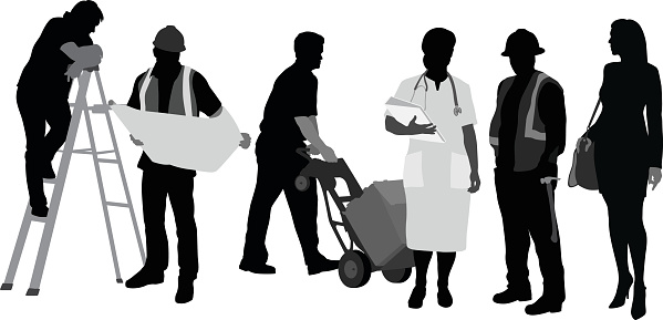 Group of silhouette people representing a variety of trades.  A woman is dressed up as a nurse.  Another is posing as a business woman.  A man stands on a ladder and look at the construction plans shown to him by his boss.  A man appears to be doing deliveries.