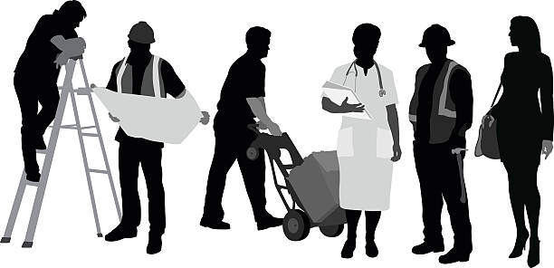Our Job Group of silhouette people representing a variety of trades.  A woman is dressed up as a nurse.  Another is posing as a business woman.  A man stands on a ladder and look at the construction plans shown to him by his boss.  A man appears to be doing deliveries. blueprint silhouettes stock illustrations