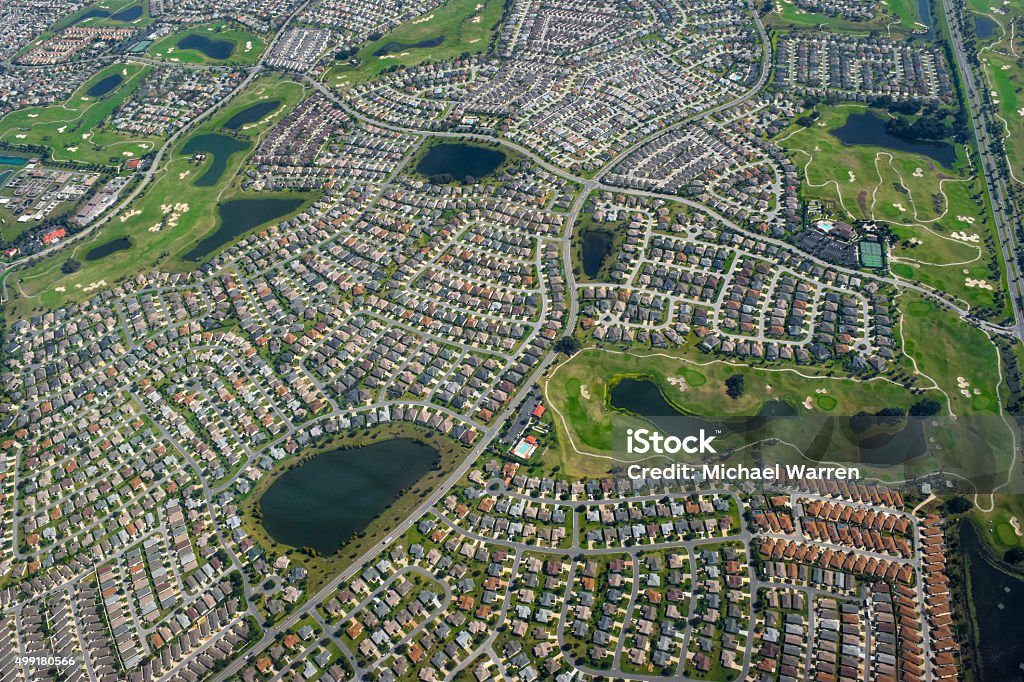 Housing Development Aerial Suburban neighborhood of The Villages, Florida Urban Sprawl Stock Photo