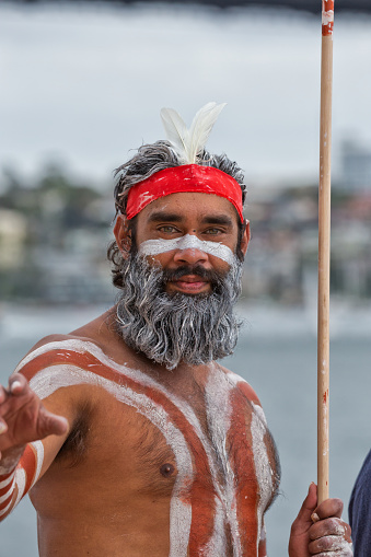 Sydney,Australia - November 22,2015: An indigenous dancer waits his turn in a competition at the Homeground festival - a major annual celebration of aboriginal culture.