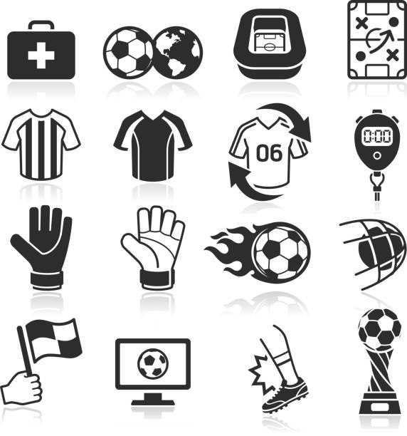 ilustraciones, imágenes clip art, dibujos animados e iconos de stock de conjunto de iconos de fútbol. - guante deportivo