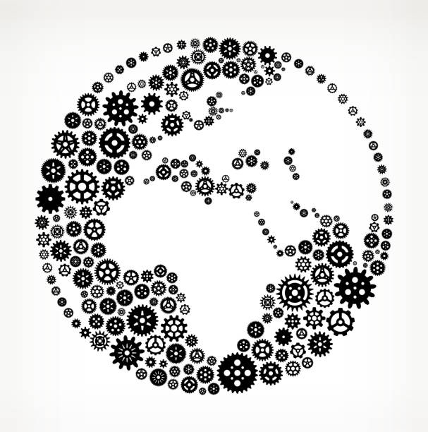 Globe on Black royalty free vector Gears Globe on Black royalty free vector arts gears. The vector cog set are black on white background and are arranged in pattern to fill in the shape to the edges. Detailed illustration of mechanical machine gears has a modern look. Icon download includes vector art and jpg file. eastern hemisphere stock illustrations