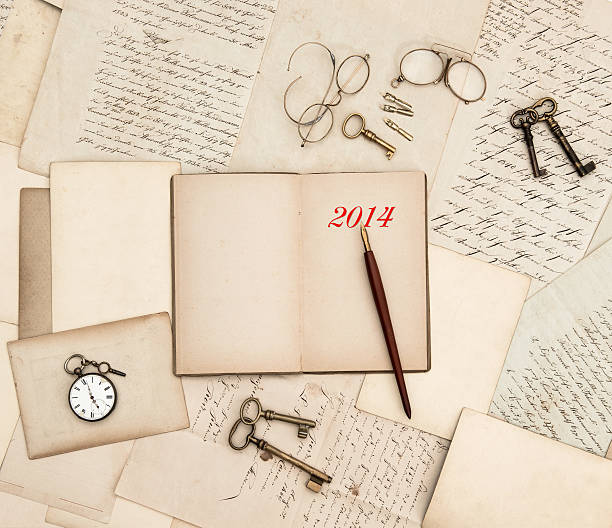 istock antique accessories, old letters, watch and keys, diary 2014 499189805