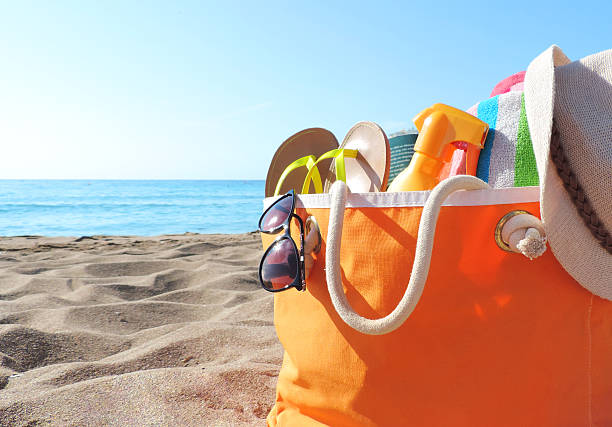 beach bag Beach bag and sea beach bag stock pictures, royalty-free photos & images