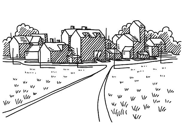 деревня ландшафтный road чертеж - rural town stock illustrations