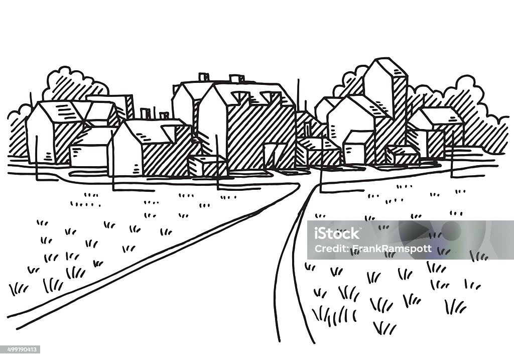 Village Landscape Road Drawing Hand-drawn vector drawing of a Landscape with a little Village, a Road leads to the Buildings. Black-and-White sketch on a transparent background (.eps-file). Included files are EPS (v10) and Hi-Res JPG. Town stock vector