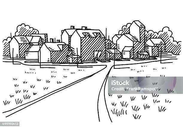 Village Landscape Road Drawing Stock Illustration - Download Image Now - Drawing - Art Product, Town, Line Art