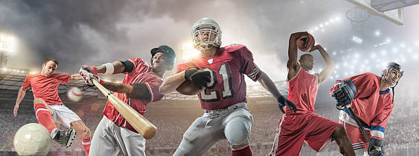 Sports Heroes Composite image of sporting athletes in action – soccer player kicking football, baseball player swinging bat to strike baseball, American football player running and holding ball, basketball player jumping with basketball above his head, and ice hockey player holding stick. Backgrounds are generic floodlit arenas and stadiums appropriate to each sport.  athleticism photos stock pictures, royalty-free photos & images