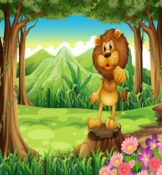 ilustraciones, imágenes clip art, dibujos animados e iconos de stock de cama king, junto al león sobre el tocón en el bosque - grass branch wealth forest