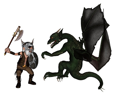 Fantasy illustration of a Toon Viking warrior with an axe fighting a dragon, 3d digitally rendered illustration