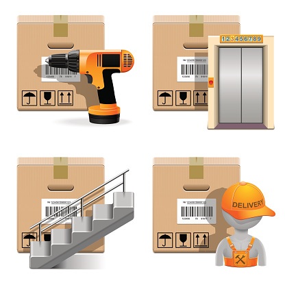 Vector carton box with home delivery and installation service icons, isolated on white background