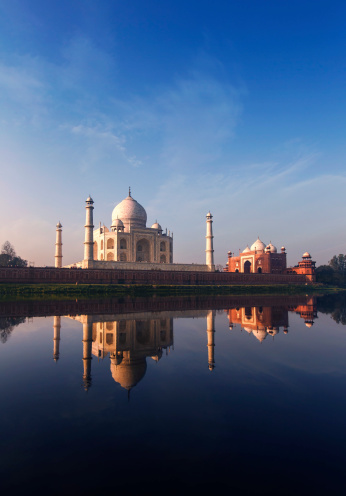Taj Mahal with reflection at yamuna river at Agra, India.