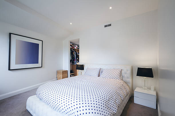 istock Black and white master bedroom with walk in wardrobe 499196226