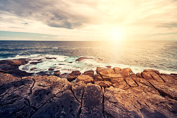 Rocks and Tasman Sea sunrise Ocean view from North Bondi RocksOcean view from North Bondi Rocks at sunrise bondi beach sunrise stock pictures, royalty-free photos & images
