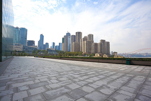 istock Empty marble floor with city building background 499203620