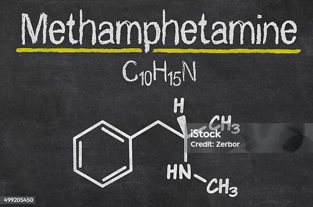 Blackboard With The Chemical Formula Of Methamphetamine Stock Photo - Download Image Now