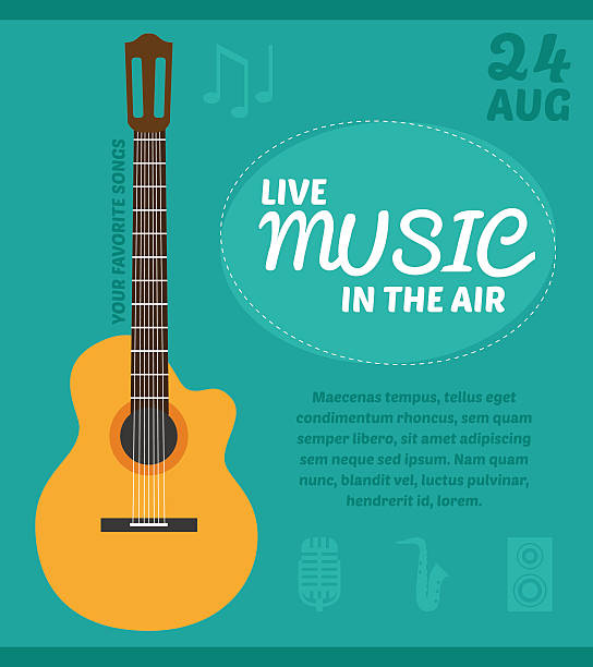 Music party poster Music party poster with acoustic guitar as main element guitar borders stock illustrations
