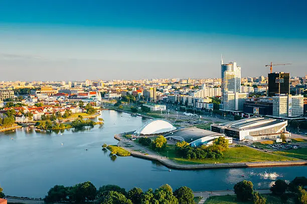 Aerial view, cityscape of Minsk, Belarus. Summer season, sunset time. Nyamiha, Nemiga district