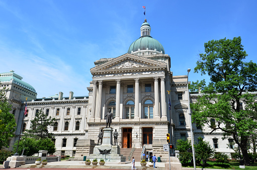 Indianapolis, IN, USA - June 16, 2014:  The Indiana Statehouse, shown here on June 16, 2014, houses all three branches of the state government.