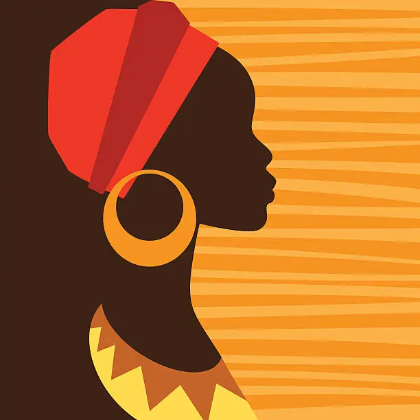 Vector illustration of Silhouette of african girl in profile with earrings.