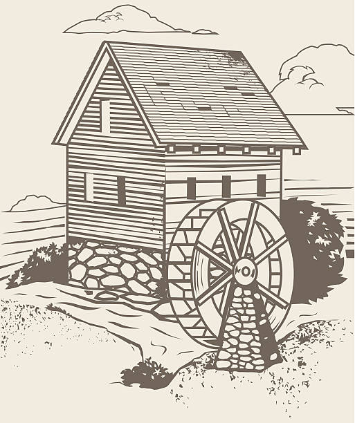 Rustic Old Mill Old fashioned mill beside a creek in the countryside water wheel stock illustrations