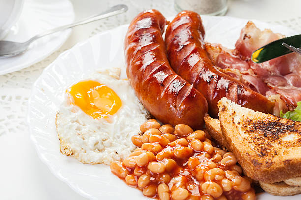 istock Full English breakfast with bacon, sausage, egg and baked beans 499208759