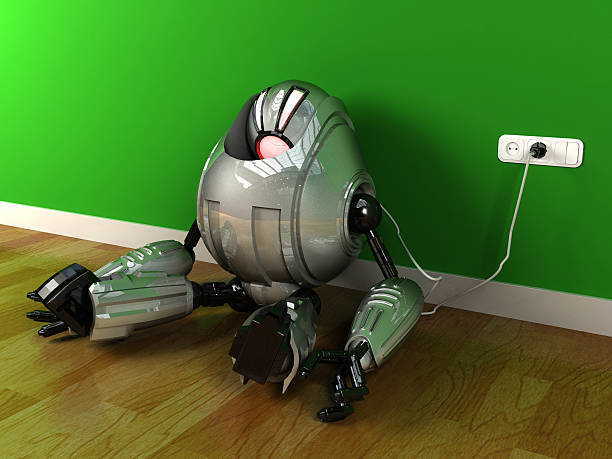 Robot charging himself with electric plug after out of energy and eyes turning red, image represents low energy, low power, recharging concept 