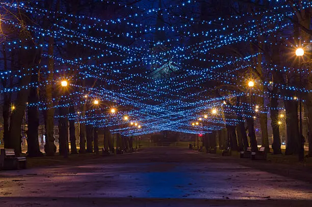 Photo of City boulevard decorated with New Year and Christmas illumination