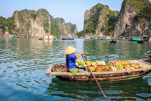 Halong Bay Vietnam Fruit seller in a boat , Halong Bay Vietnam gulf of tonkin photos stock pictures, royalty-free photos & images