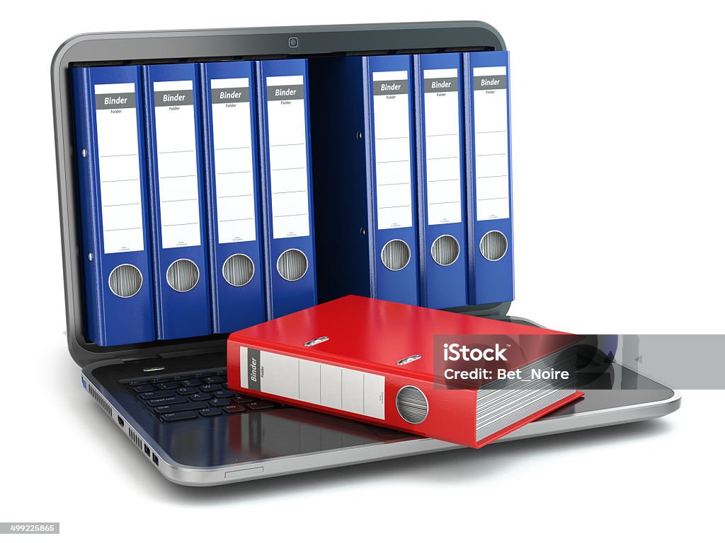 Data storage. Laptop  with file ring binders. Data storage. Laptop  with file ring binders. 3d Internet Stock Photo