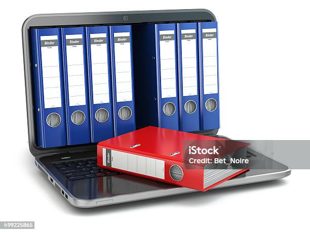 Data Storage Laptop With File Ring Binders Stock Photo - Download Image Now - Internet, Organization, Archives