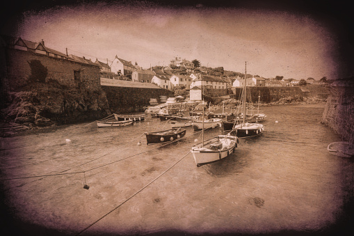 Coverack harbour Cornwall England UK coastal fishing village east of the Lizard Peninsula vintage effect