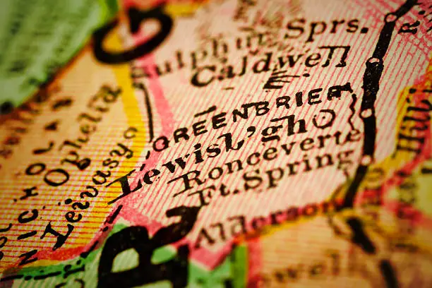 Lewisburg, West Virginia on 1880's map. Selective focus and Canon EOS 5D Mark II with MP-E 65mm macro lens.