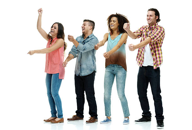 istock Smiling four friends dancing together 499229649