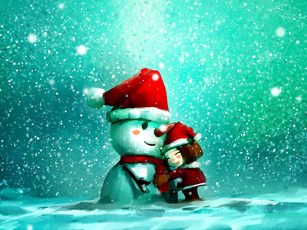 illustrations, cliparts, dessins animés et icônes de la peinture numérique de jolie fille avec bonhomme de neige en hiver - backgrounds canvas cold color image