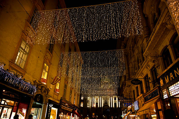 Streets of Vienna decorated for Christmas Vienna, Austria -- December 20, 2012: Kohlmarkt Street in Vienna in Christmas lights, many boutiques and shops on the street, people are walking on the street (head tops are visible) kohlmarkt street photos stock pictures, royalty-free photos & images