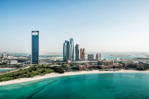 Dubai, 12th of November 2023. A view from the palm islands on Burj al arab and Burj Khalifa.