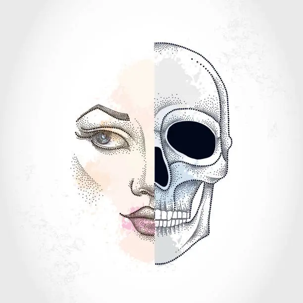 Vector illustration of Dotted half beautiful woman face and skull. Concept of duality.