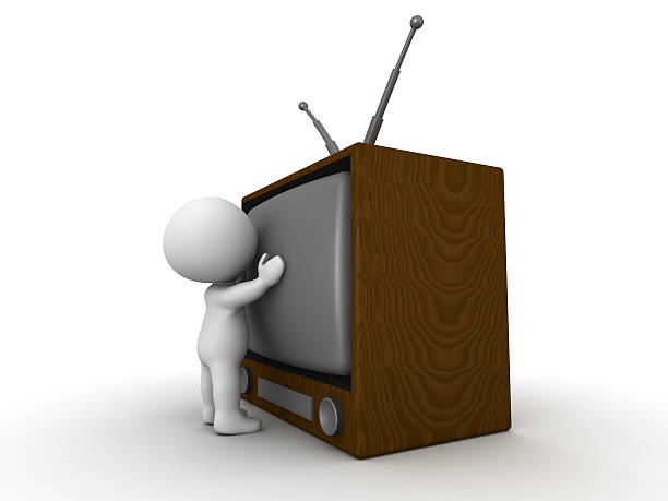 3D character sitting right in front of a large retro TV