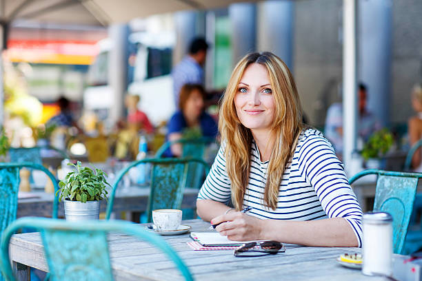 istock Woman drinking coffee and writing notes in cafe 499233380